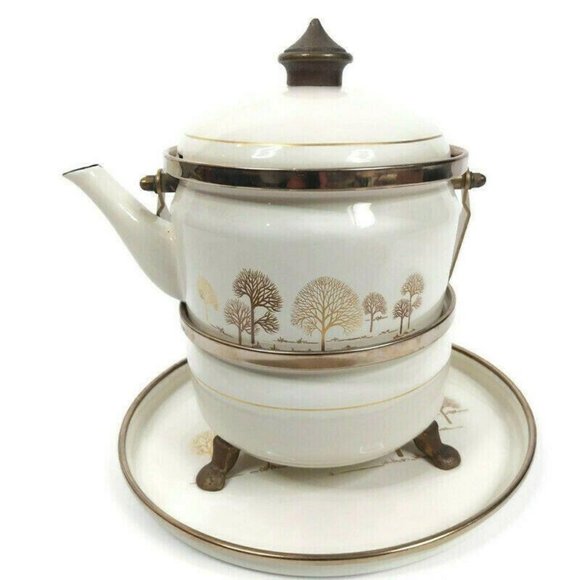 Vintage Asta Tea Kettle Teapot Warmer Plate Enamel White Gold Trees West Germany - Picture 1 of 9